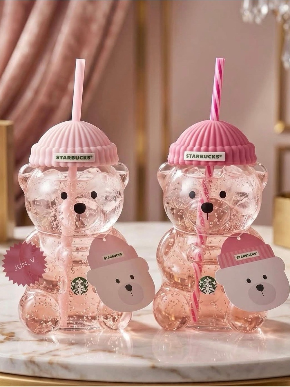 Starbucks Pink Bear Glass Tumbler with Pink Straw